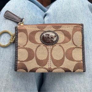Coach Tan and Brown Signature Canvas Keychain Wallet